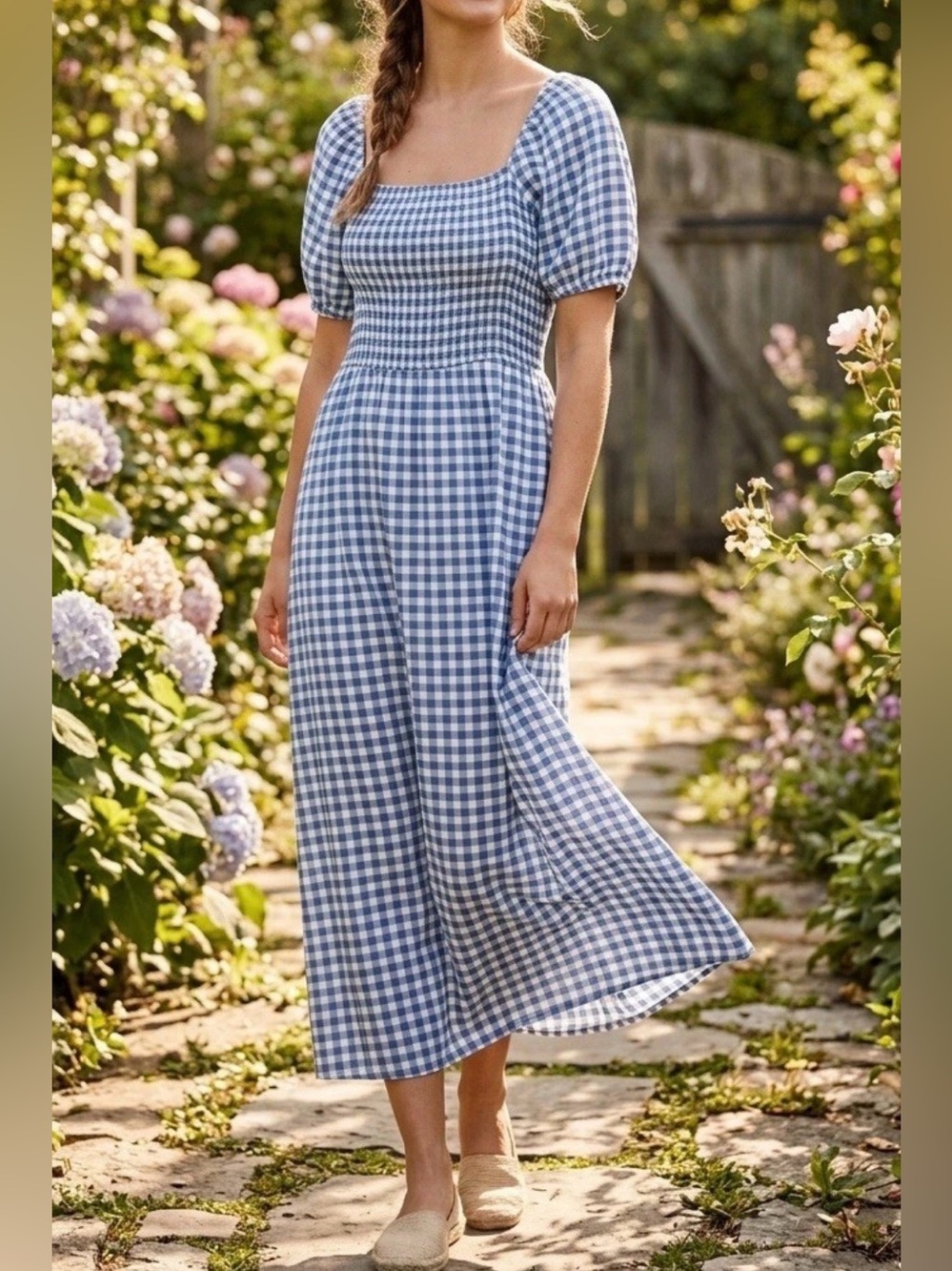 dip Women’s Blue Gingham Square-Neck Smocked Midi Dress Summer Country, S